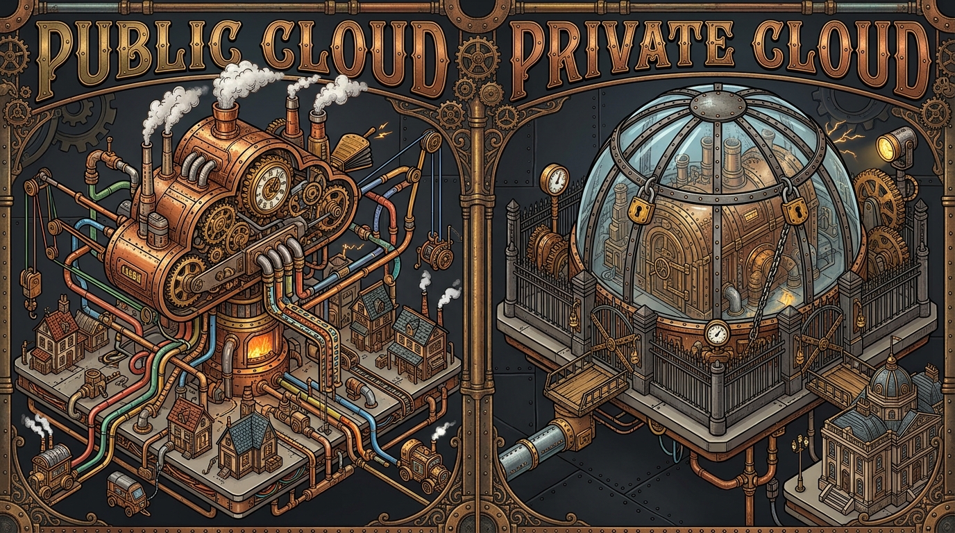 Public vs Private Cloud Steampunk Illustration